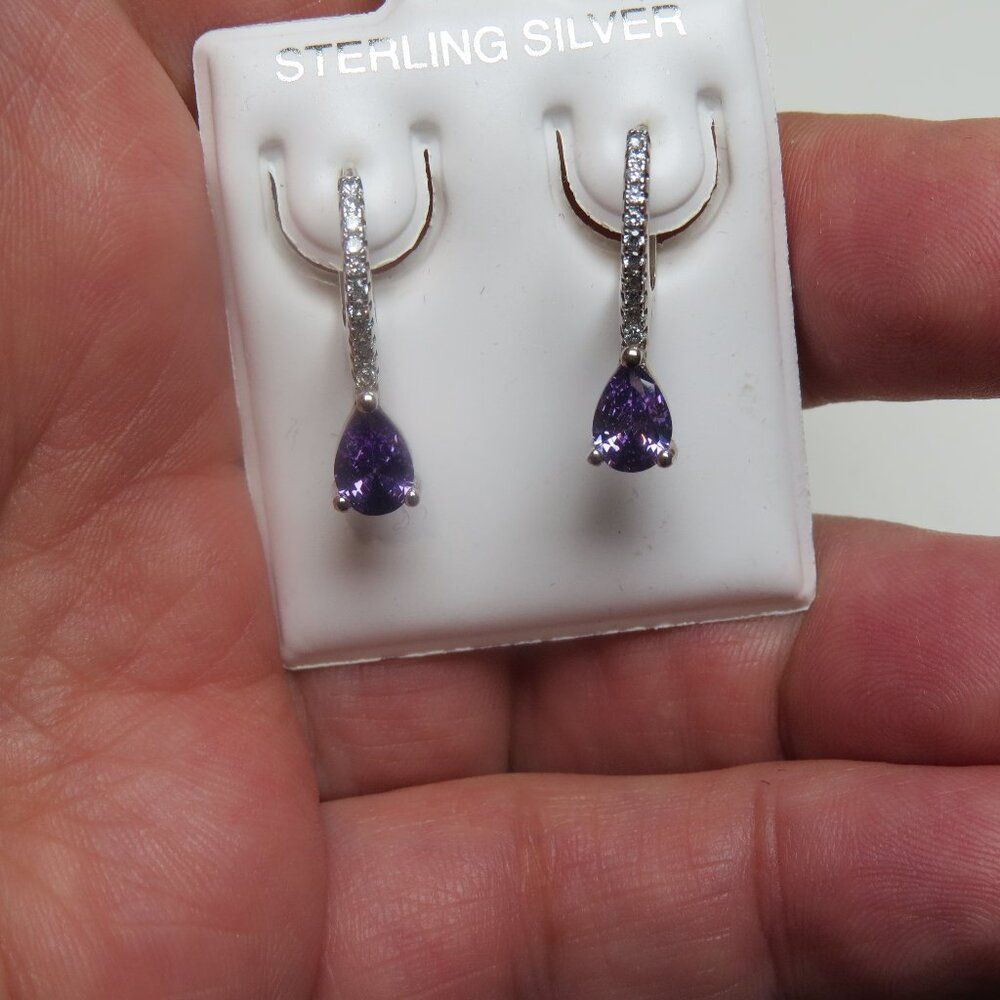 Sterling Lab created Amethyst Earring Hand Crafted Dangling